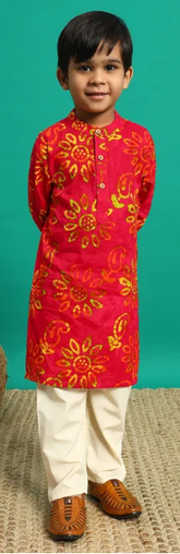 Yellow Baatik Print Orange Kurta with Off White Pants